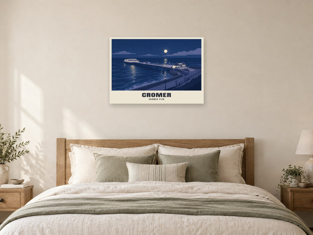 Cromer Pier Poster at A1, as a poster, above a bed