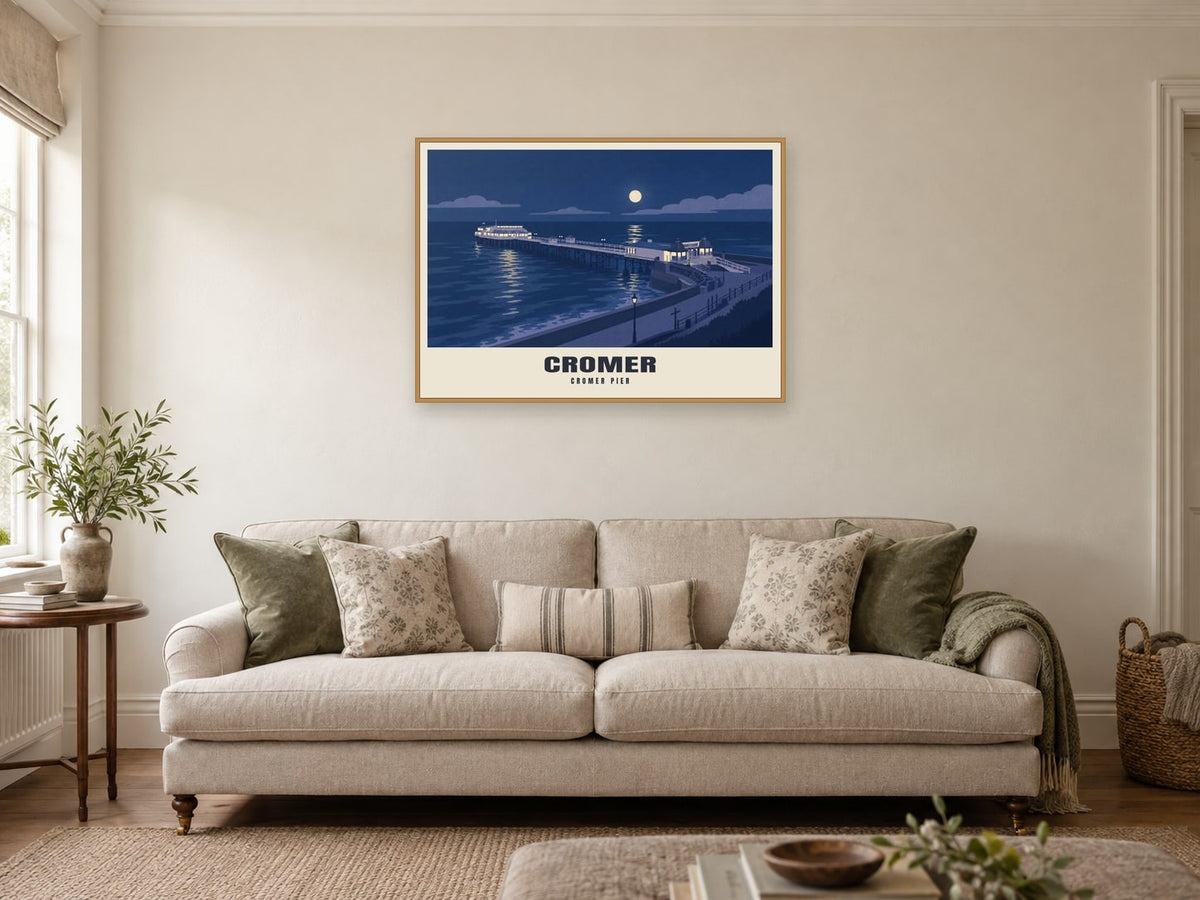 Cromer Pier Poster at A1, in a natural wood frame, in a sitting room