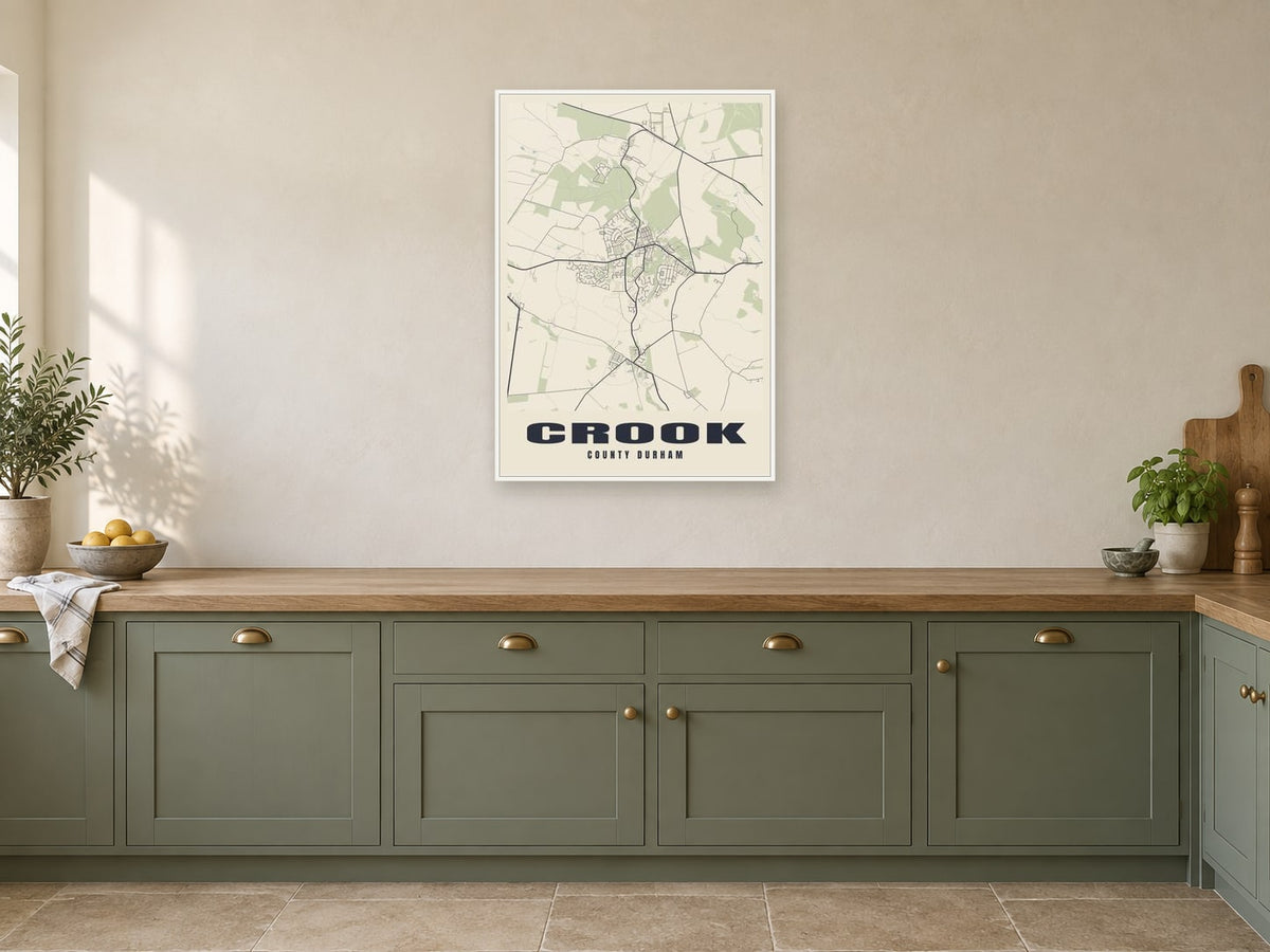 Crook Street Map Poster at A1, in a white frame, in a kitchen