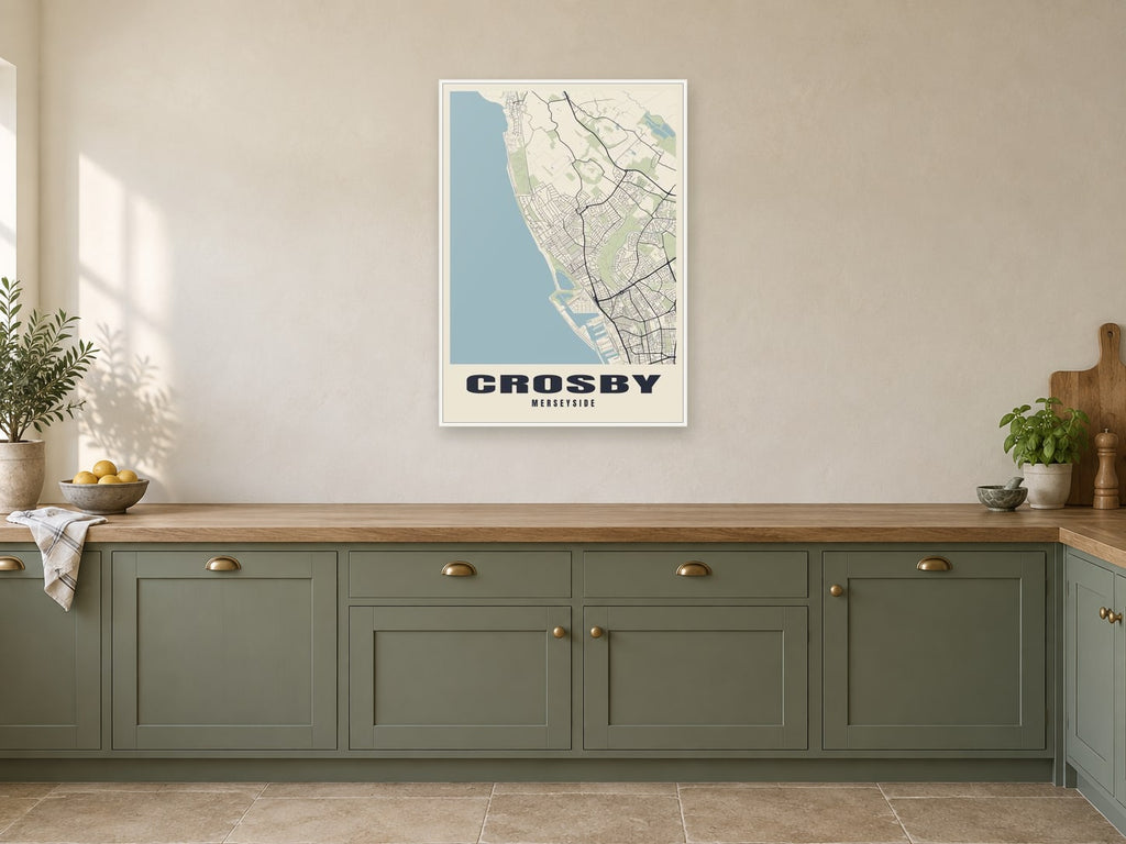 Crosby Street Map Poster at A1, in a white frame, in a kitchen