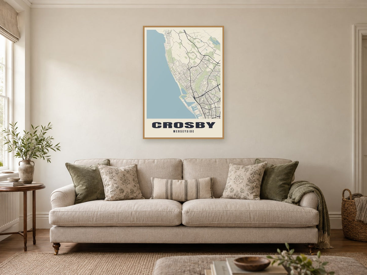 Crosby Street Map Poster at A1, in a natural wood frame, in a sitting room