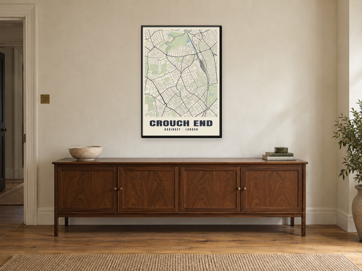 Crouch End Heritage Street Map Poster at A1, in a black frame, above a sideboard
