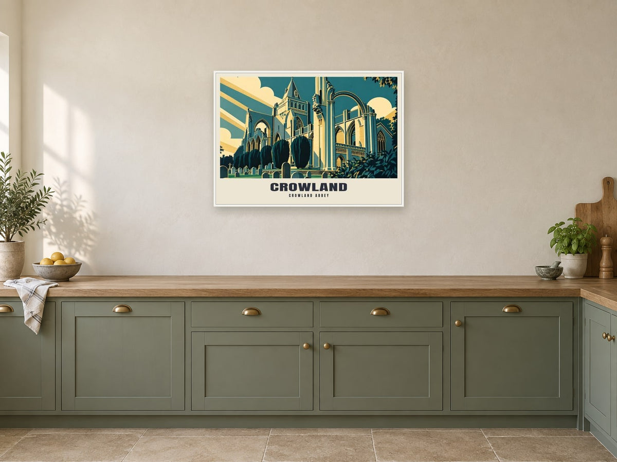 Crowland Abbey Poster at A1, in a white frame, in a kitchen