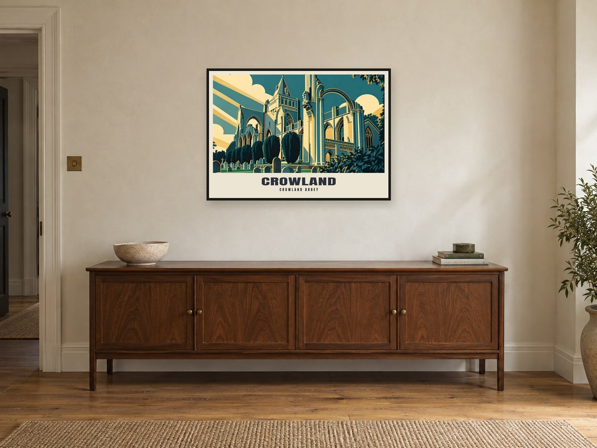 Crowland Abbey Poster at A1, in a black frame, above a sideboard