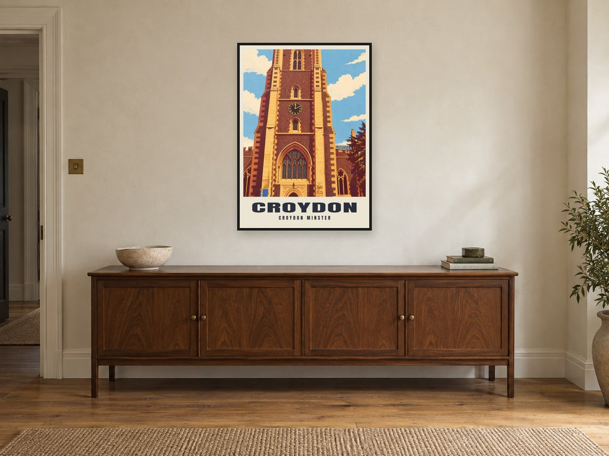 Croydon Minster Poster at A1, in a black frame, above a sideboard