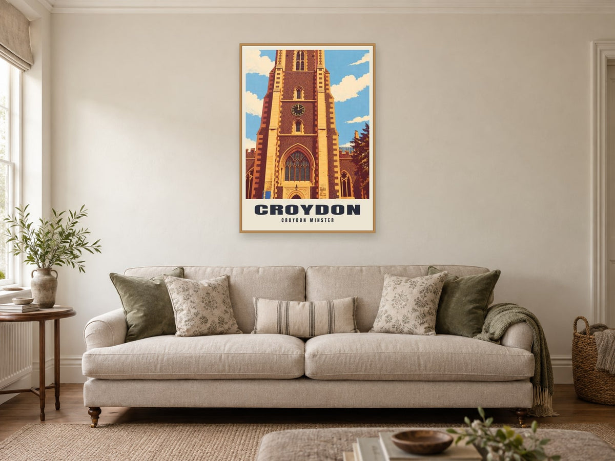 Croydon Minster Poster at A1, in a natural wood frame, in a sitting room