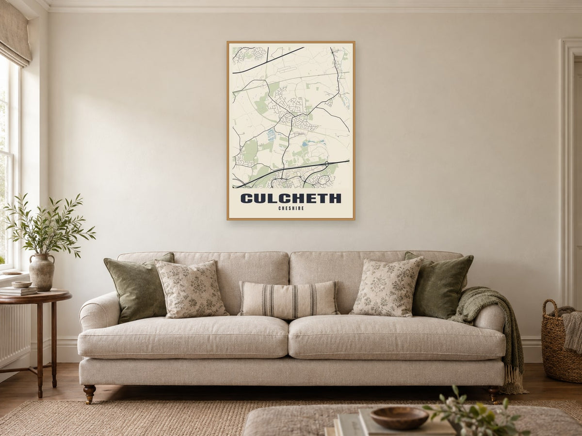 Culcheth Street Map Poster at A1, in a natural wood frame, in a sitting room