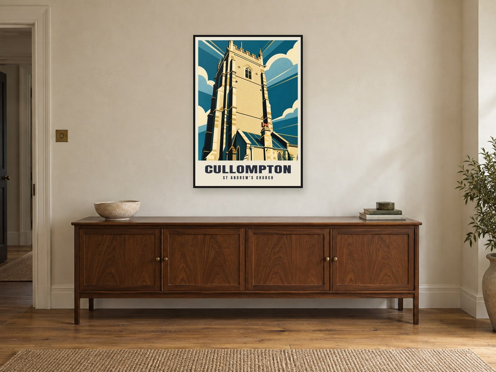 St Andrew’s Church, Cullompton Poster at A1, in a black frame, above a sideboard