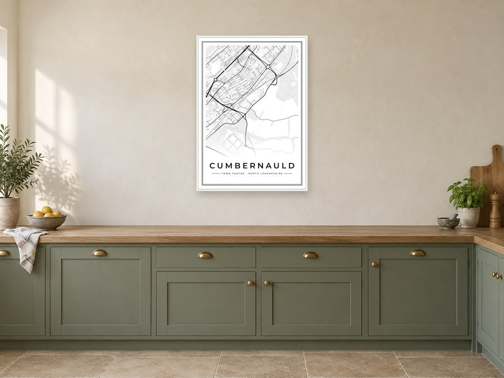 Cumbernauld Town Centre Street Map Poster at A1, in a white frame, in a kitchen