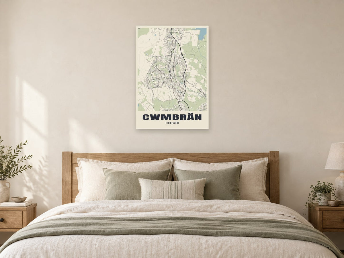 Cwmbrân Street Map Poster at A1, as a poster, above a bed
