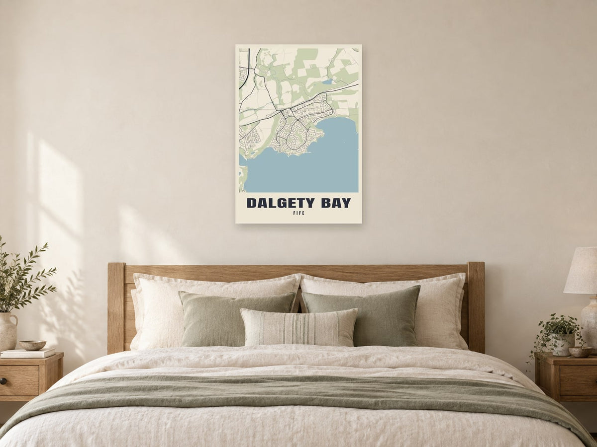 Dalgety Bay Street Map Poster at A1, as a poster, above a bed