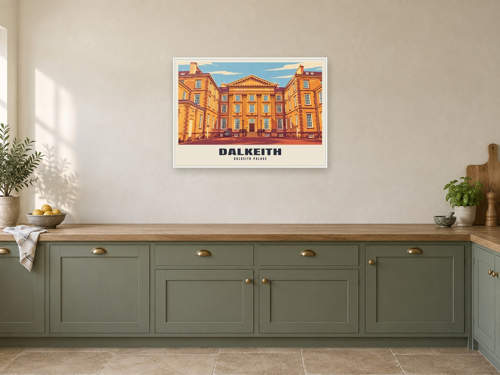 Dalkeith Palace Poster at A1, in a white frame, in a kitchen