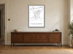 Dalton-in-Furness Town Centre Street Map Poster at A1, in a black frame, above a sideboard