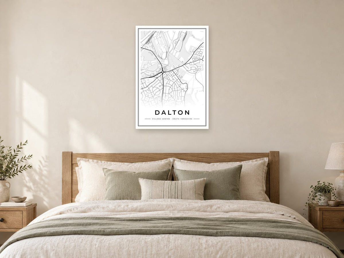Dalton Village Centre Street Map Poster at A1, as a poster, above a bed