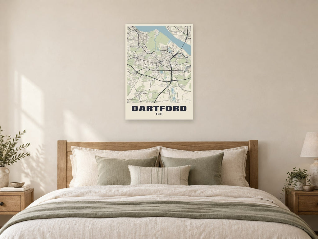 Dartford Street Map Poster at A1, as a poster, above a bed