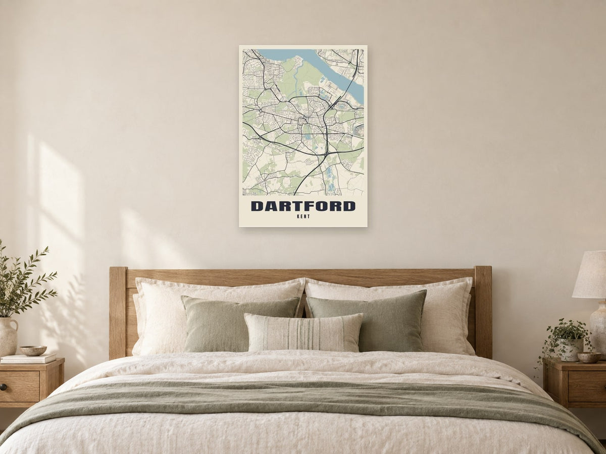 Dartford Street Map Poster at A1, as a poster, above a bed