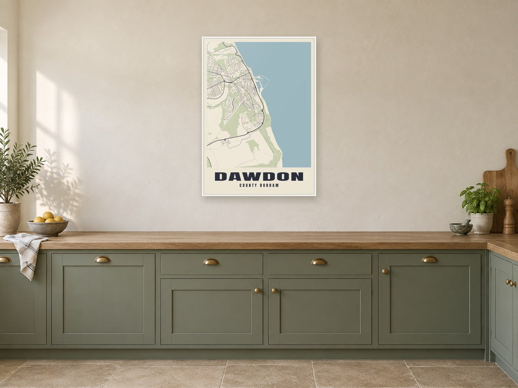 Dawdon Street Map Poster at A1, in a white frame, in a kitchen