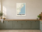 Dawlish Street Map Poster at A1, in a white frame, in a kitchen