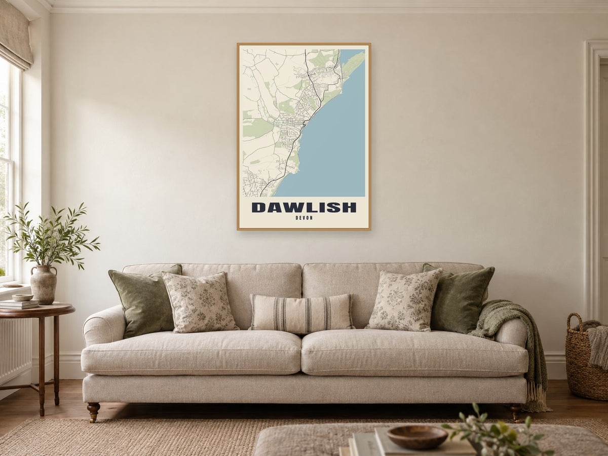 Dawlish Street Map Poster at A1, in a natural wood frame, in a sitting room