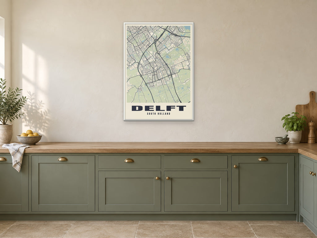 Delft Street Map Poster at A1, in a white frame, in a kitchen