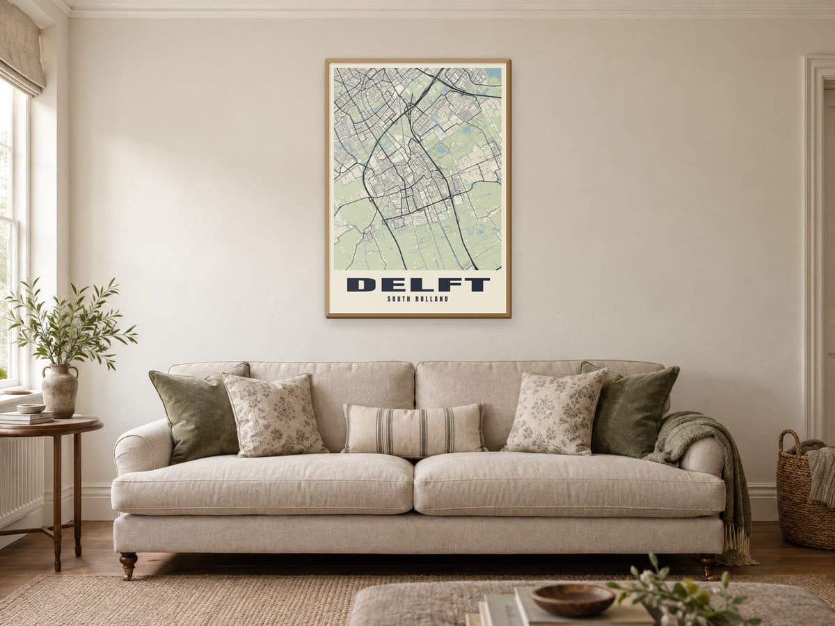 Delft Street Map Poster at A1, in a natural wood frame, in a sitting room
