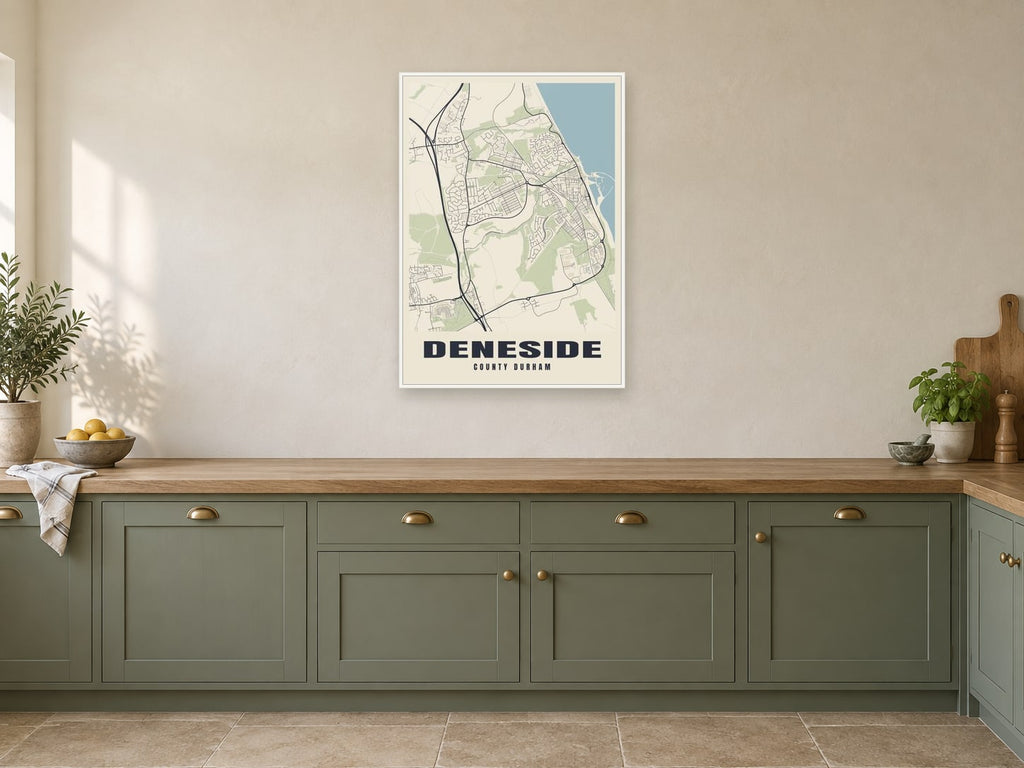Deneside Street Map Poster at A1, in a white frame, in a kitchen