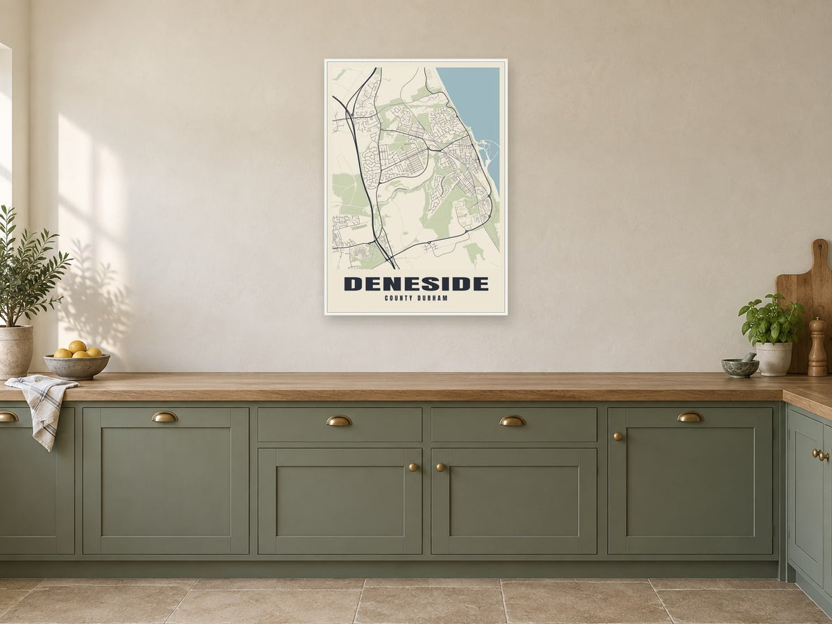 Deneside Street Map Poster at A1, in a white frame, in a kitchen