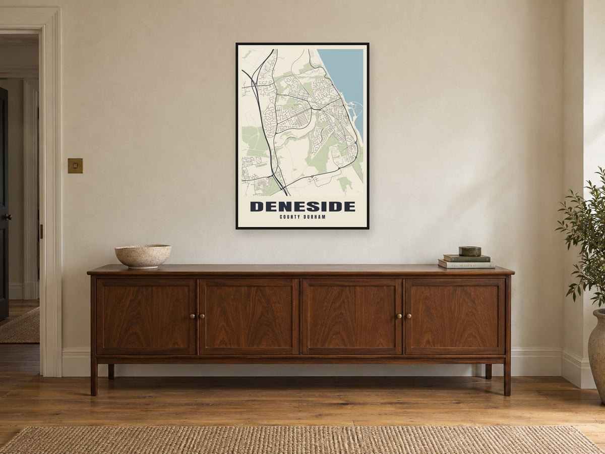 Deneside Street Map Poster at A1, in a black frame, above a sideboard