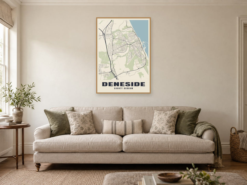 Deneside Street Map Poster at A1, in a natural wood frame, in a sitting room