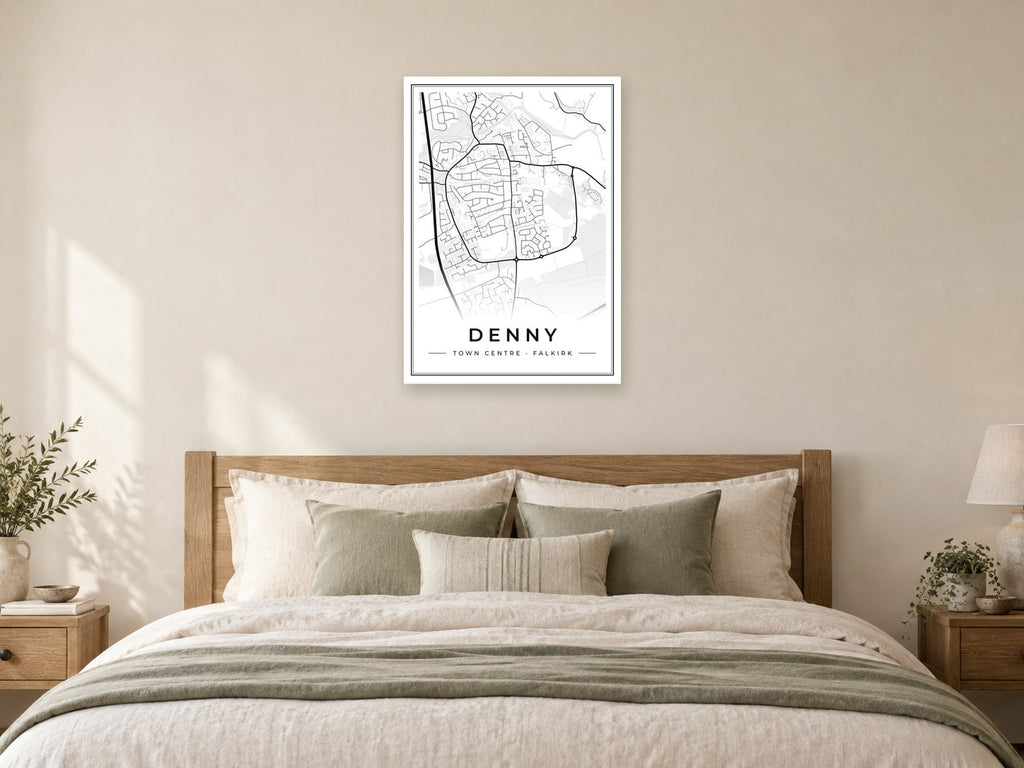 Denny Town Centre Street Map Poster at A1, as a poster, above a bed