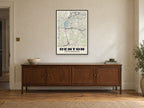 Denton Street Map Poster at A1, in a black frame, above a sideboard