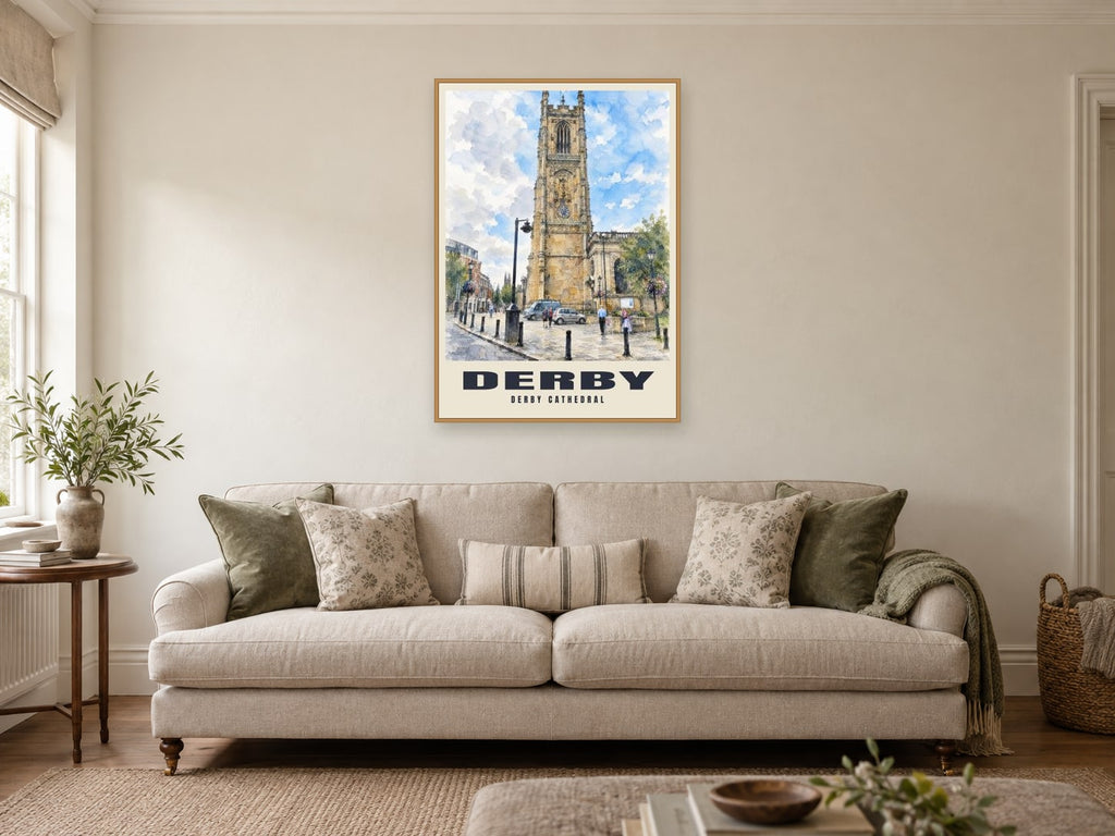 Derby Cathedral Poster at A1, in a natural wood frame, in a sitting room