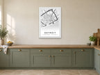 Detroit Downtown Street Map Poster at A1, in a white frame, in a kitchen