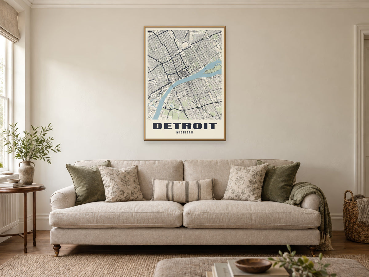 Detroit Street Map Poster at A1, in a natural wood frame, in a sitting room