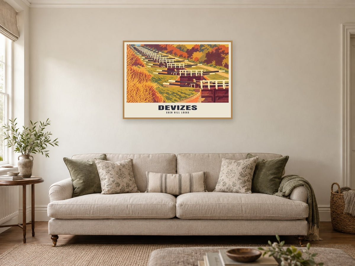 Caen Hill Locks, Devizes Poster at A1, in a natural wood frame, in a sitting room