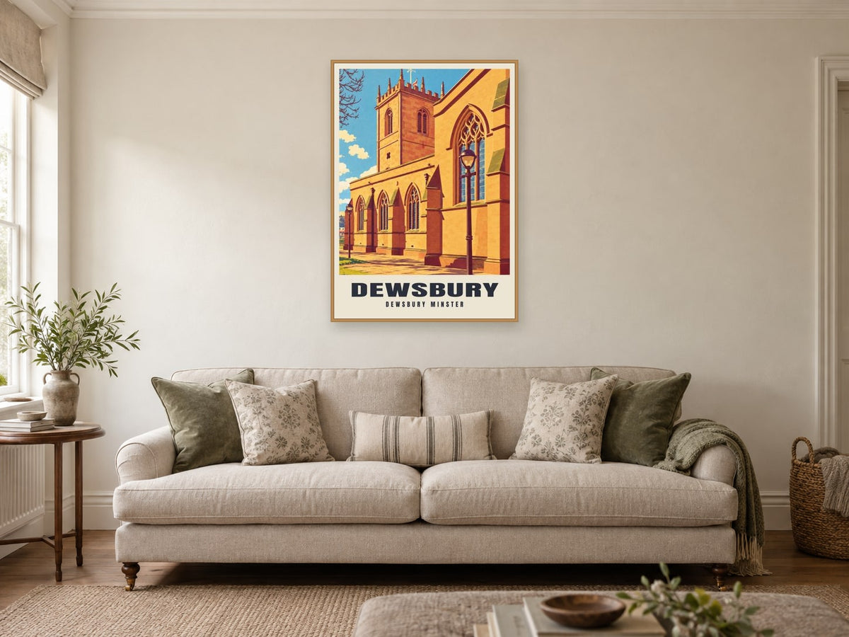 Dewsbury Minster Poster at A1, in a natural wood frame, in a sitting room