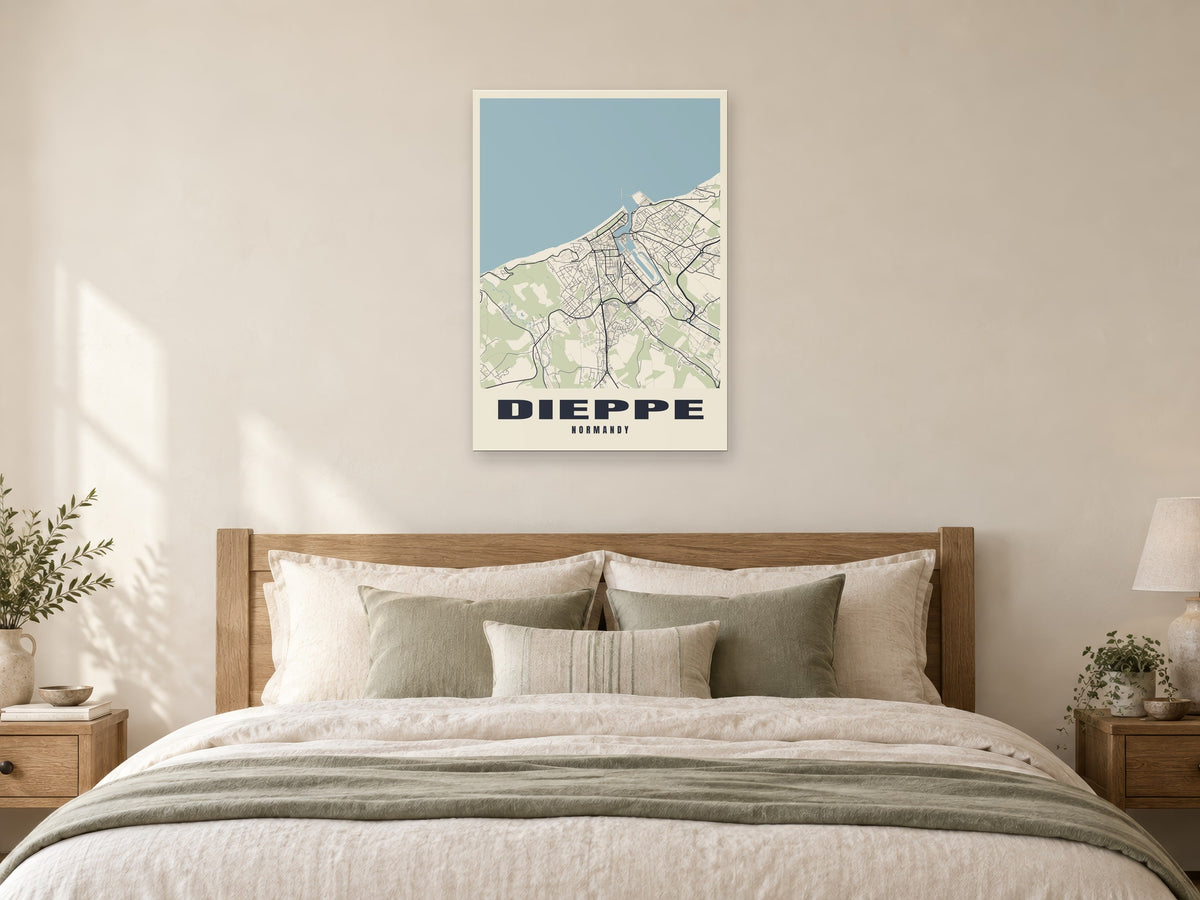 Dieppe Street Map Poster at A1, as a poster, above a bed