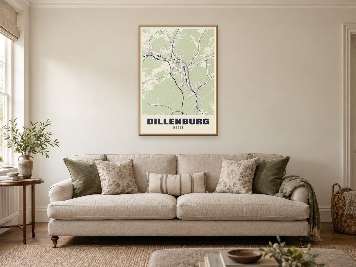 Dillenburg Street Map Poster at A1, in a natural wood frame, in a sitting room
