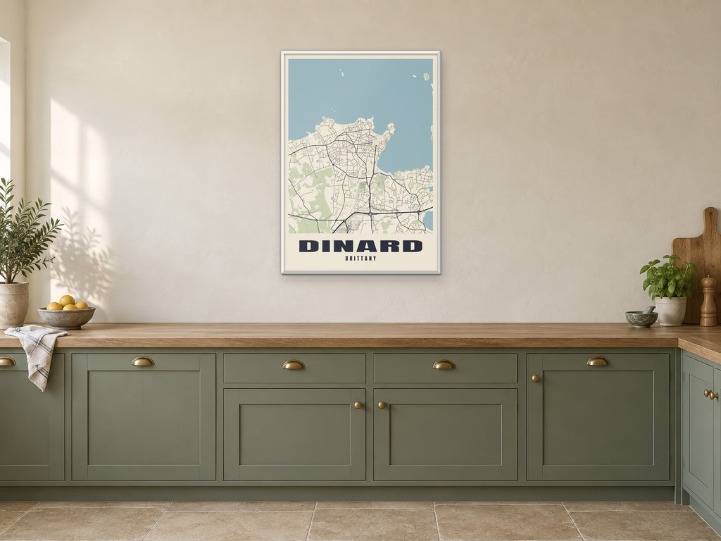 Dinard Street Map Poster at A1, in a white frame, in a kitchen