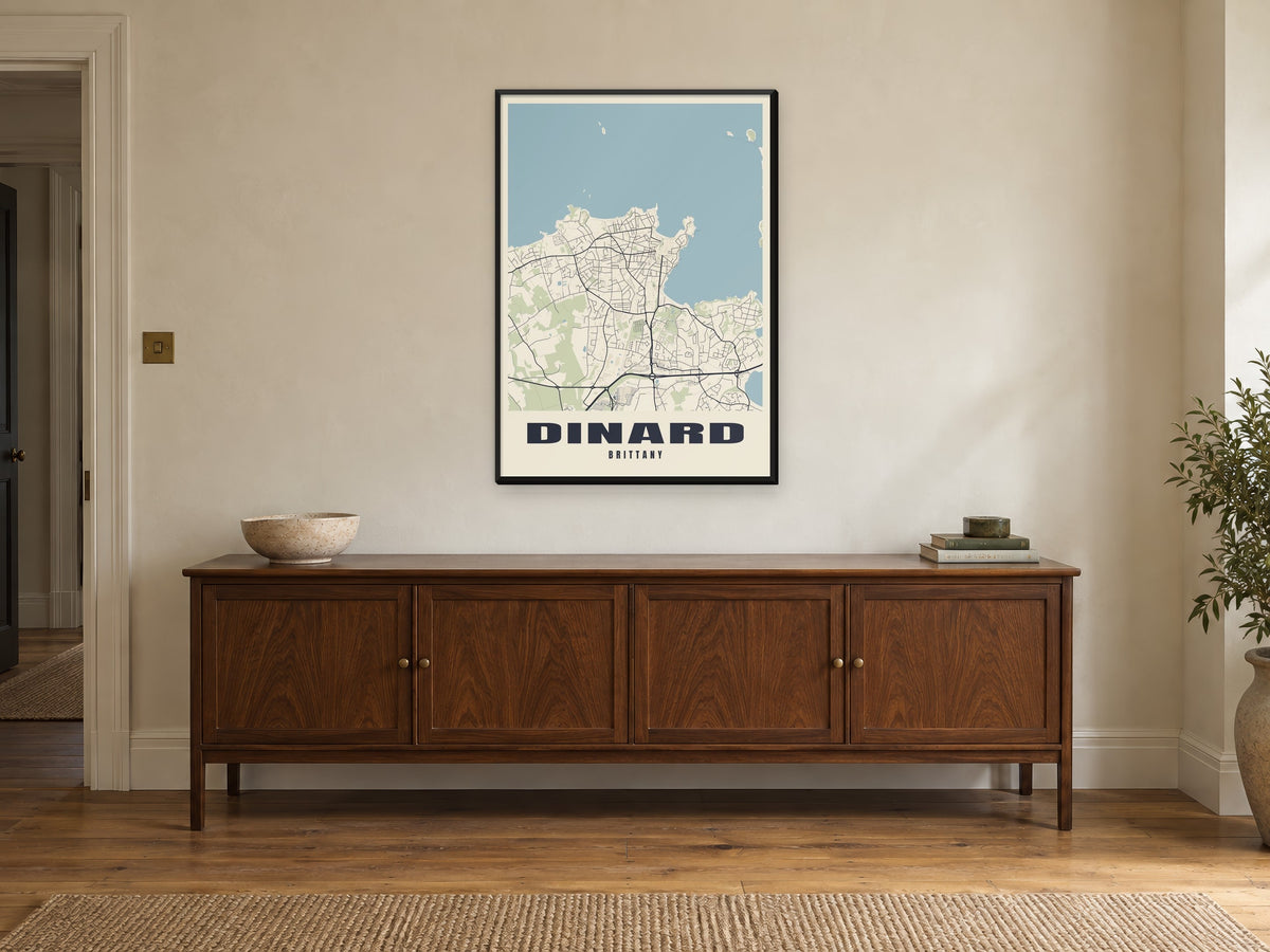Dinard Street Map Poster at A1, in a black frame, above a sideboard