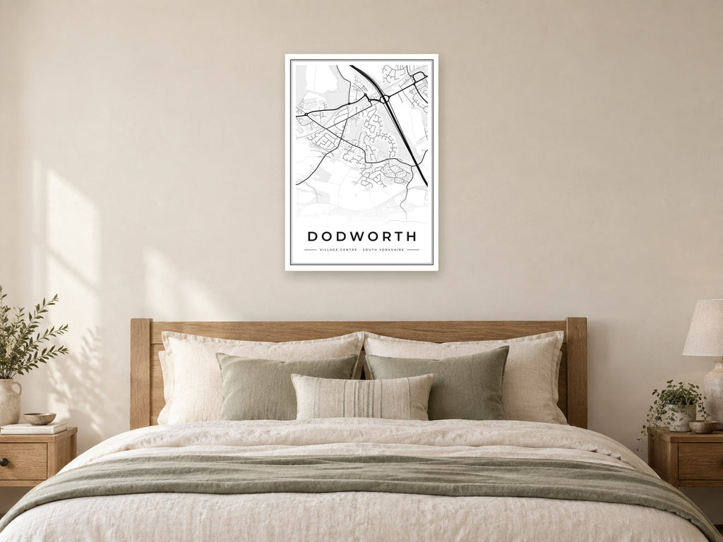 Dodworth Village Centre Street Map Poster at A1, as a poster, above a bed