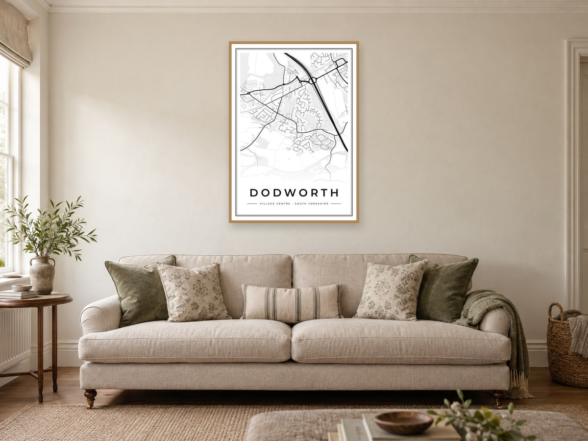 Dodworth Village Centre Street Map Poster at A1, in a natural wood frame, in a sitting room