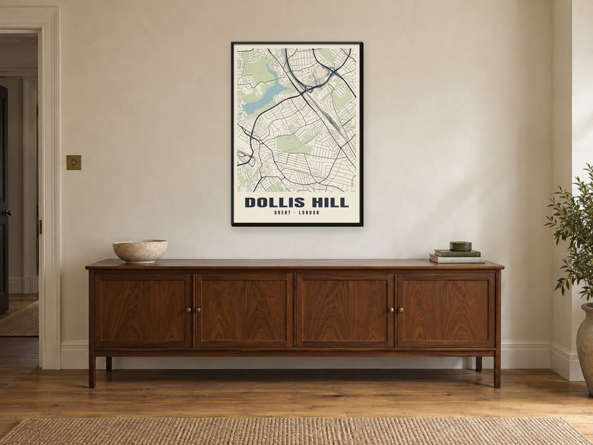 Dollis Hill Heritage Street Map Poster at A1, in a black frame, above a sideboard