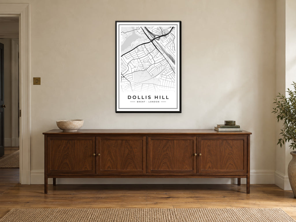 Dollis Hill Street Map Poster at A1, in a black frame, above a sideboard