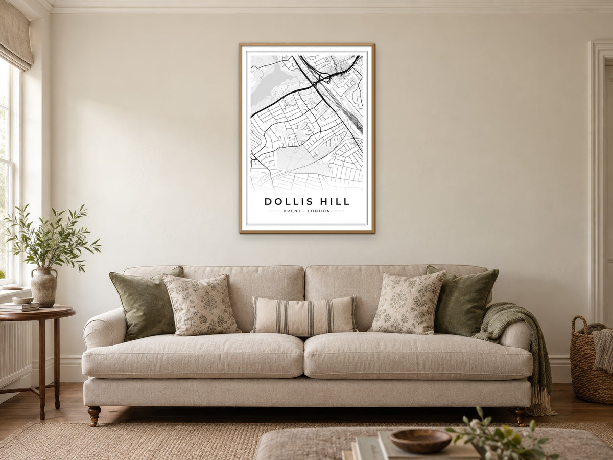 Dollis Hill Street Map Poster at A1, in a natural wood frame, in a sitting room
