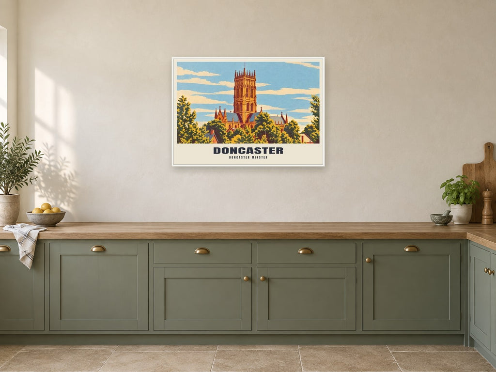 Doncaster Minster Poster at A1, in a white frame, in a kitchen