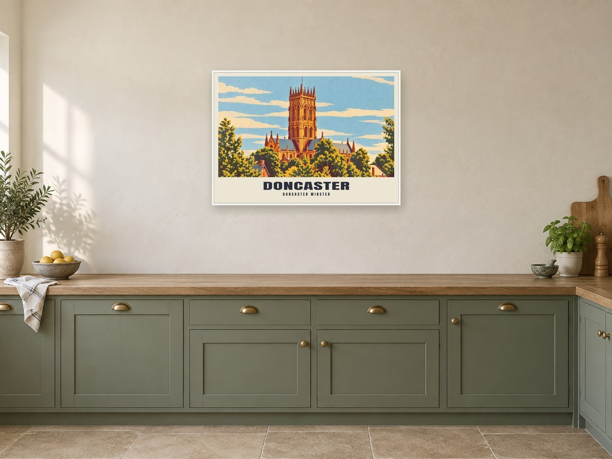 Doncaster Minster Poster at A1, in a white frame, in a kitchen