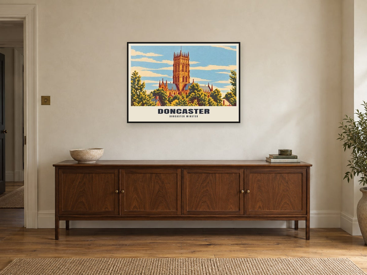 Doncaster Minster Poster at A1, in a black frame, above a sideboard