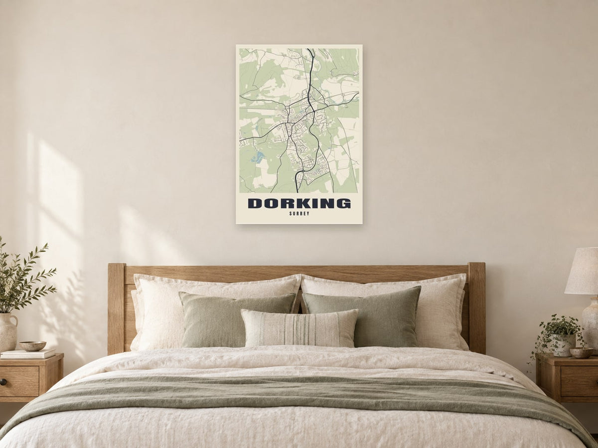 Dorking Street Map Poster at A1, as a poster, above a bed