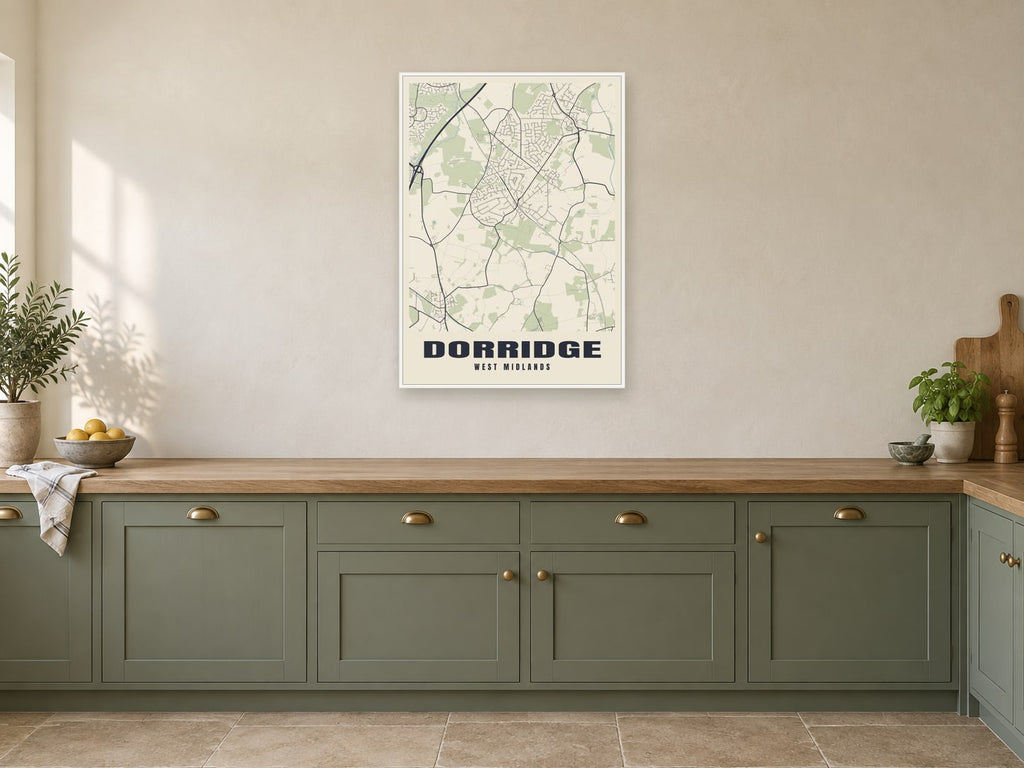 Dorridge Street Map Poster at A1, in a white frame, in a kitchen
